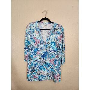 Palm Harbour Tropical Print Tunic Top 3/4 Sleeve‎ Blue Pink Women's M